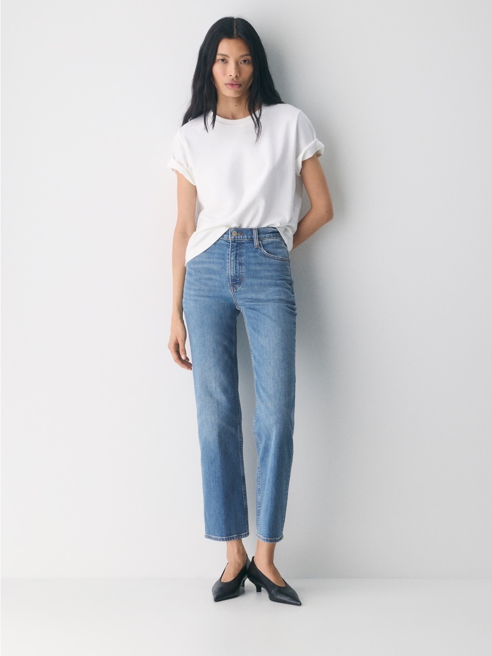 Aritzia Denim Forum Arlo High Rise Straight Leg Blue Jeans
